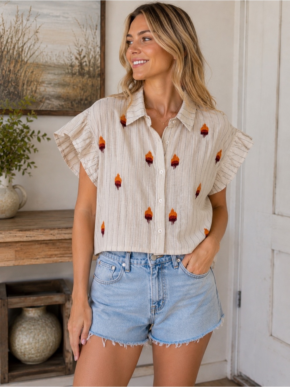 THML Embroidered Striped Ruffle Sleeve Button Down Top – Size Small